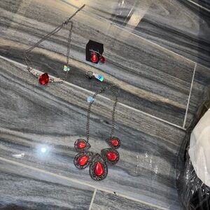 Elegant Red Gemstone Jewelry Set- Bundle of three ( 2-necklaces, 1-earrings)